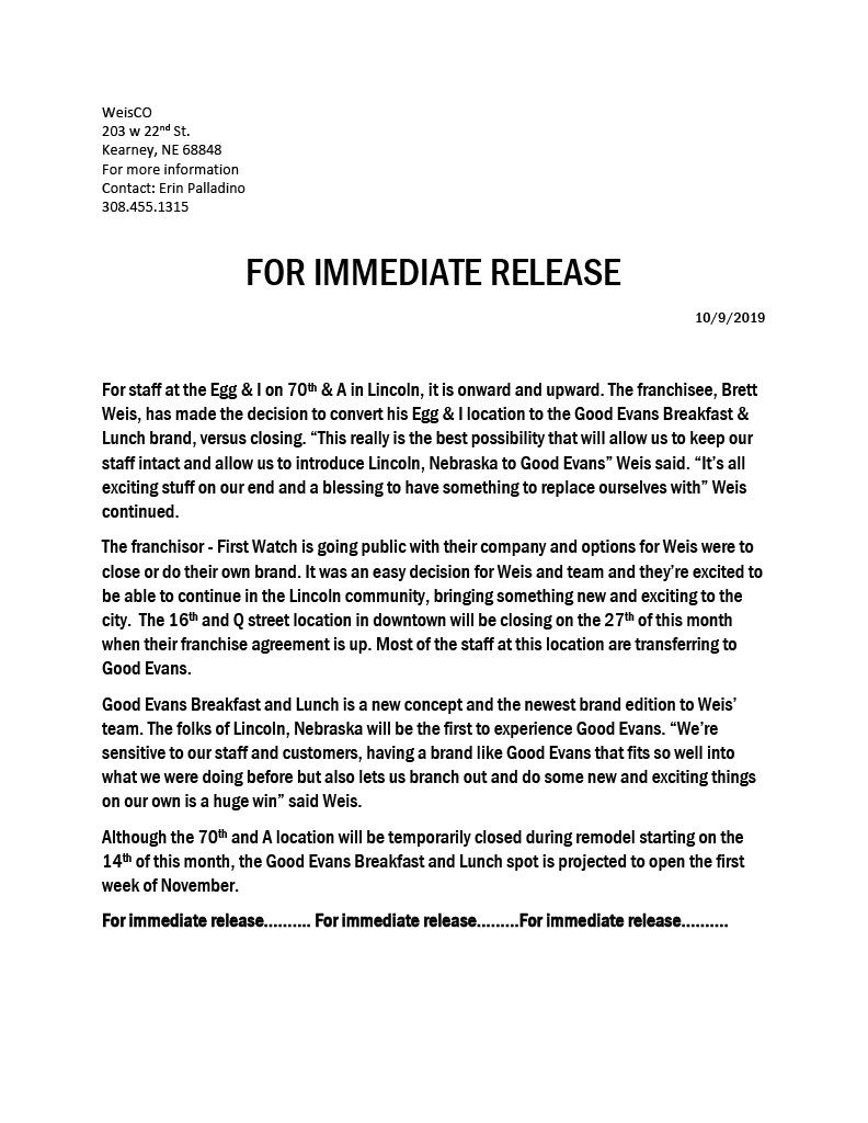 The Egg & I Press Release